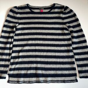Vince Camuto Women Sweater Size M Navy Blue Gray Horizontal Striped Long Sleeve